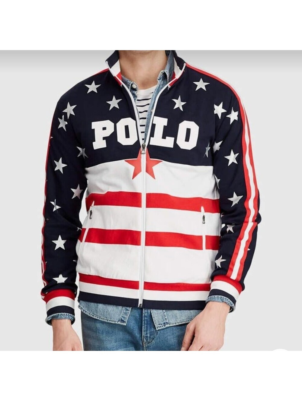 Polo Ralph Lauren Jacket Track Mens L Americana Flag Logo Sweatshirt USA MINT